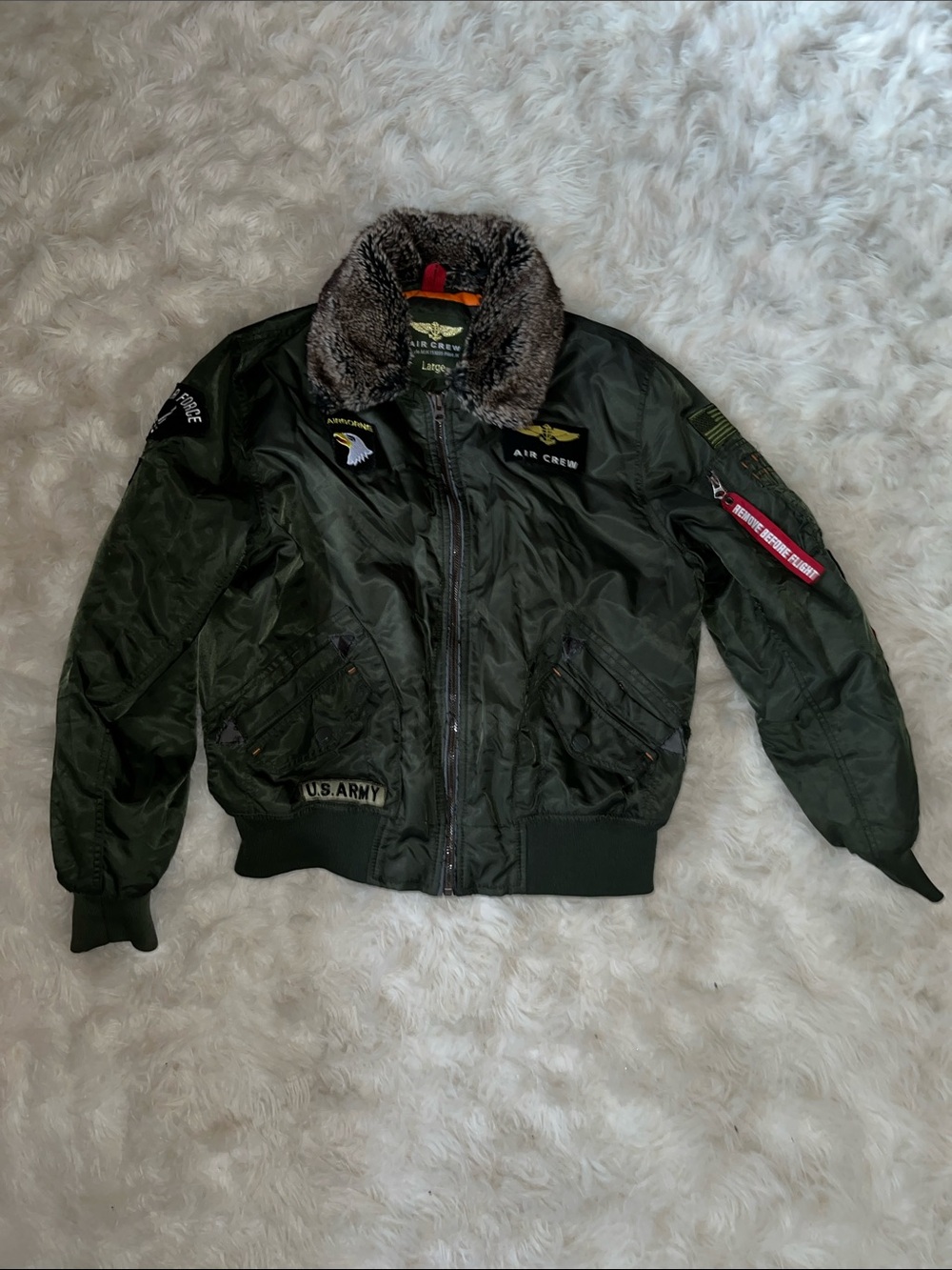 Men's Olive Green Bomber Jacket with Faux Fur Collar - Military Patch Detail